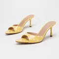 Elegant yellow polka dot high-heel mules featuring an open toe and white pattern - 35 / Yellow Polka Dot