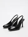 Tacones de aguja negros vintage de cuero encerado con tira trasera y punta abierta - 38 / Cera de Aceite Negro