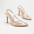 Elegant transparent PVC slingback heels with rhinestone wave patterns in beige - 35 / Apricot Satin