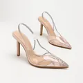 Elegant champagne satin slingback heels with PVC details and sparkling rhinestones - 35 / Champagne Satin