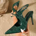 Elegant green croc-effect pointed-toe slingback high heels with stylish bow detail - 35 / Dark Green Stone Pattern
