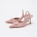Elegant pink suede pointed-toe slingback heels with decorative round buckle - 35 / Pink Velvet