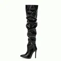 Black patent leather stiletto thigh-high boots with pleated slouchy design - 38 / Black
