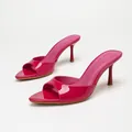 Elegant fuchsia patent leather peep-toe stiletto mules with thin heels for women - Deep Rose Mirror