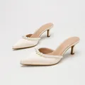 Elegant cream satin pointed toe kitten heel mules with luxury pearl trim decoration - 35 / Apricot Satin