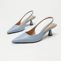 Elegant light blue pointed-toe slingback heels with a stylish architectural mid-heel - 38 / Blue PU