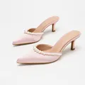 Elegant pink satin pointed-toe kitten heel mules with pearl strap, perfect for banquet. - 35 / Pink Satin