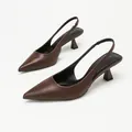 Elegant brown leather pointed toe slingback pumps with unique architectural kitten heel - 35 / Jujube Brown PU