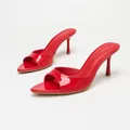Vibrant red patent leather peep-toe high-heel mules with an elegant stiletto heel - Dark Red Mirror