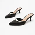 Elegant black satin pointed-toe kitten heel mules with pearl trim for wedding attire - 38 / Black Satin