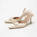 Elegant cream satin pointed-toe slingback heels with decorative round buckle for commute. - 38 / Apricot