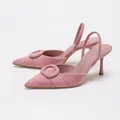 Pink suede pointed-toe slingback pumps with round buckle detail and slim kitten heels - 35 / Pink Purple Velvet