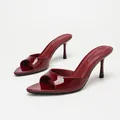 Elegant red glossy patent leather fish-mouth stiletto mules with open-toe design - Wine Red Mirror