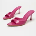 Bright pink patent leather stiletto mules featuring an elegant peep-toe design for women - Light Rose Mirror