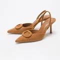 Brown faux suede pointed toe slingback heels with round buckle - 35 / Light Camel Velvet