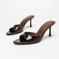 Elegant dark brown mirror finish peep-toe stiletto mules for women, office style - Deep Brown Mirror