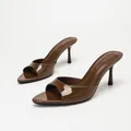 Glossy brown patent leather peep-toe stiletto mules for women with elegant high heels - Coffee Mirror