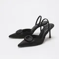 Elegant black satin pointed-toe slingback high heels with stylish buckle detail for women - 38 / Black