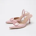 Elegant baby pink satin pointed-toe slingback stiletto heels featuring a tonal buckle detail - 38 / Pink
