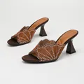 Elegant brown high heeled mules with intricate rhinestone fan-shaped beaded details - 38 / Brown Satin