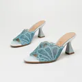 Light blue high heel sandals with rhinestone fan-shaped embellishments - 38 / Mint Blue Satin