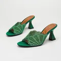 Elegant green rhinestone slippers with fan-shaped shell pattern for women. - 38 / Dark Green Satin
