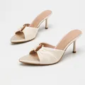 Elegant beige satin pleated high heel mule sandals with gold metallic hardware accents - 35 / Apricot Satin
