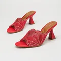 Elegant red high-heeled mules featuring heavy rhinestone fan scalloped pattern design - 38 / Red Satin