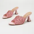Elegant pink high-heeled slippers featuring intricate rhinestone fan-shaped beadwork - 38 / Pink Satin