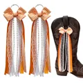 Pair of orange gingham bow charms with pearl and lace streamers for cowboy boots - 15cm Size / Orange