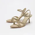 Elegant khaki suede high heel sandals with criss-cross straps and ankle buckle - 35 / Beige