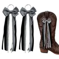 Checkered bow charms for cowboy boots with pearls and ribbons for DIY shoe decoration - Black