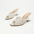 Silver high-heeled mules with heavy rhinestone fan-shaped embellishments by On feet & in love - 35 / Fan-shaped Lace Rhinestone / Silver Mirror Bracelet