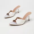 Elegant white satin pleated stiletto heel mules featuring chic gold ball detail - 35 / Off-White Satin