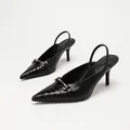 Black crocodile embossed pointed toe slingback high heels with gold buckle detail. - 35 / Black Crocodile