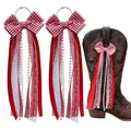 Handmade red and white checkered bow ribbon charms for western cowboy boots decoration - Red