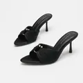 Elegant black satin high-heeled mules with pleated strap and gold buckle ornament - 35 / Black Satin