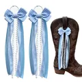 Pair of blue gingham bow charms with ribbons and pearls for western cowboy boot decoration - 15cm Size / Blue
