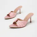 Elegant pink satin pleated high heel mules with pointed toe and decorative gold accents - 35 / Pink Satin