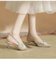 Elegant silver pointed-toe kitten heel sandals with luxurious rhinestone-studded straps. - 38 / Block Heel / 4cm / Silver