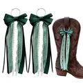 Dark green western cowboy boot bow charm with pearls and ribbons for stylish DIY decor - 15cm Size / Dark Green