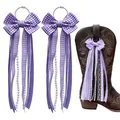 Handmade purple gingham bow cowboy boot charms with long ribbons lace and pearls - 15cm Size / Purple