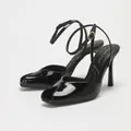 Elegant black patent leather peep-toe high-heeled sandals with stylish ankle strap design. - 35 / Black Wrinkle Patent