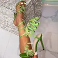 Glamorous green rhinestone snake wrap high heels featuring delicate butterfly decorations - 38 / Green