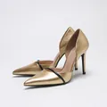 Elegant gold metallic pointed-toe stiletto heels with black strap and side cut-out design - 35 / Gold Patent Leather