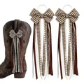 Brown checkered bow shoe charms with lace and faux pearls for cowboy boots - Brown