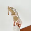 Elegant pink satin stiletto sandals with a sparkling rhinestone chain strap for women. - 34 / Stiletto Open Toe Sandals (26L32) / 8cm Heel / Champagne