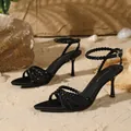 Elegant black satin rhinestone stiletto sandals with decorative ankle strap for women. - 35 / Black Satin