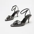 Elegant gunmetal mirrored pointed-toe high heel sandals with adjustable ankle straps - 35 / Gunmetal Mirror