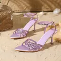Elegant purple satin high heel sandals with sparkling rhinestones for evening party - 35 / Taro Purple Satin